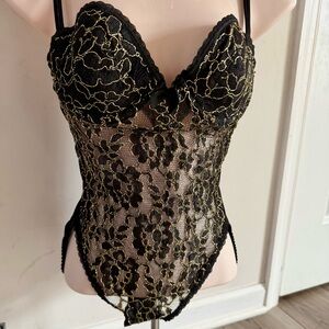 Victoria's Secret Vintage Teddy Bodysuit 36A Black Gold Sheer Lace GOLD LABEL